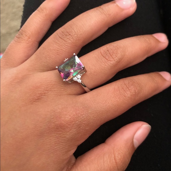Princess Cut Mystic Rainbow Topaz Ring - Picture 2 of 3